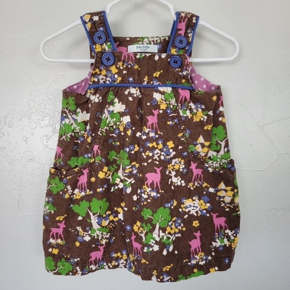 Baby Boden Girl 3-6 Months Brown Corduroy Dress Deer Print Trees Birds Woodland